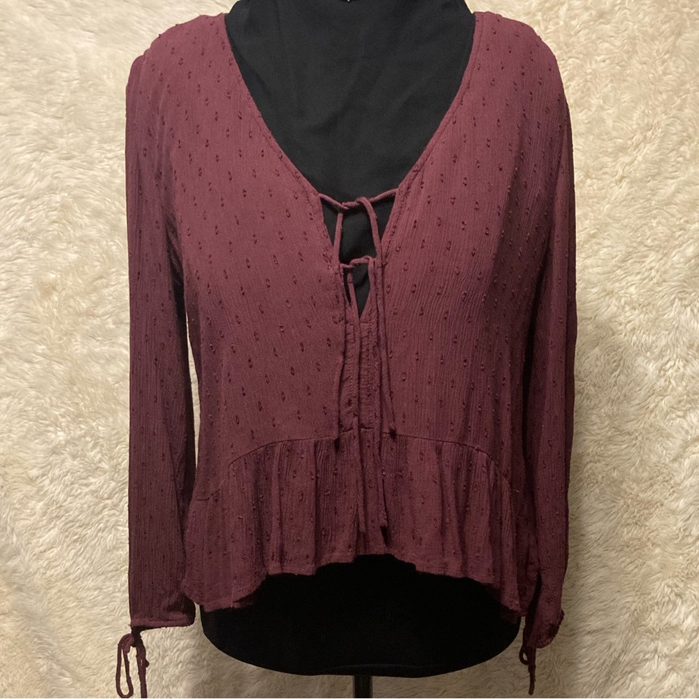 AE BOHO tie front sheer blouse with hi low ruffle hem and tie at sleeve hem
